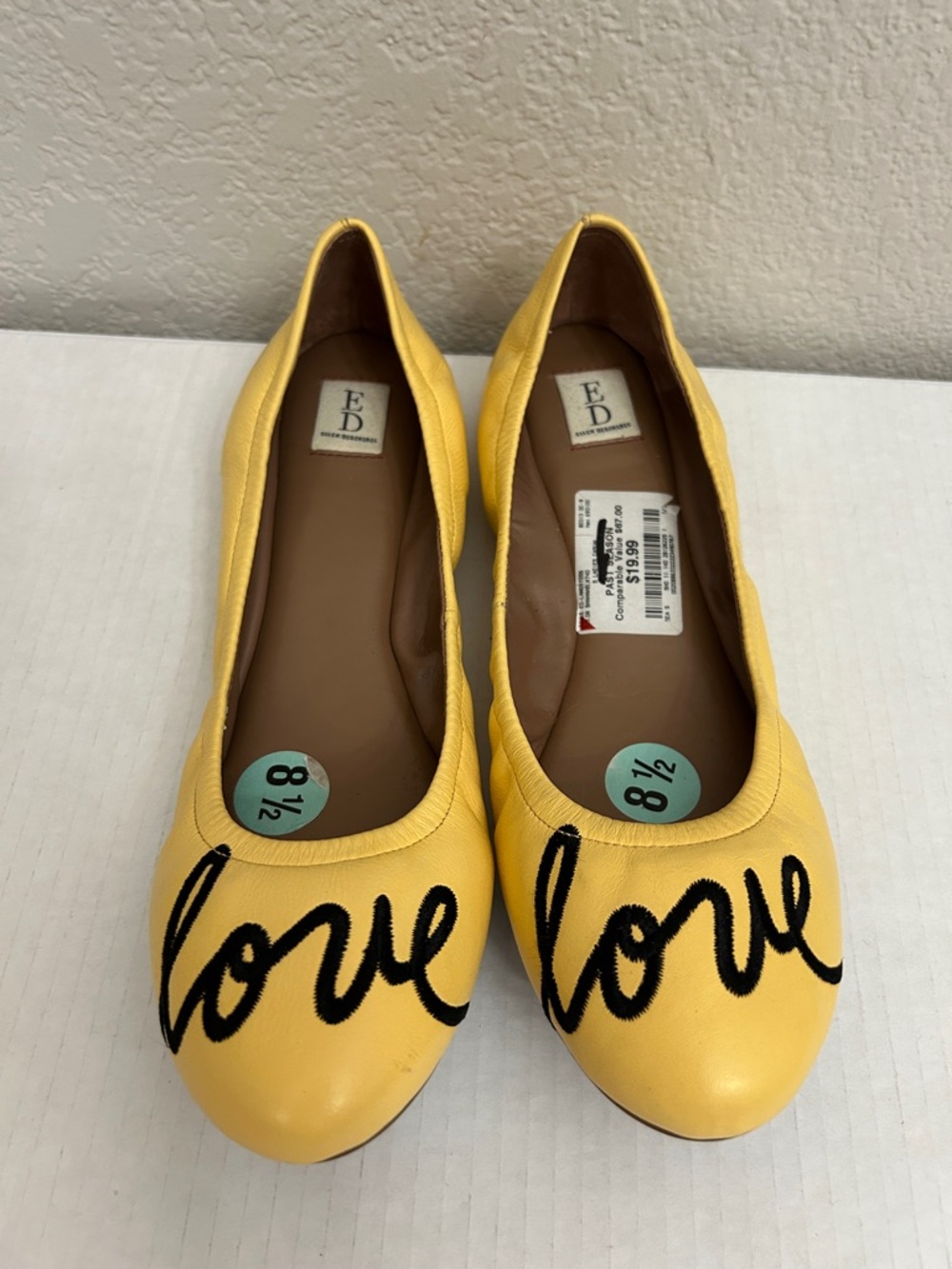 ED Ellen DeGeneres Langston Leather "Love" Ballet Flats - Mustard Yellow 8.5